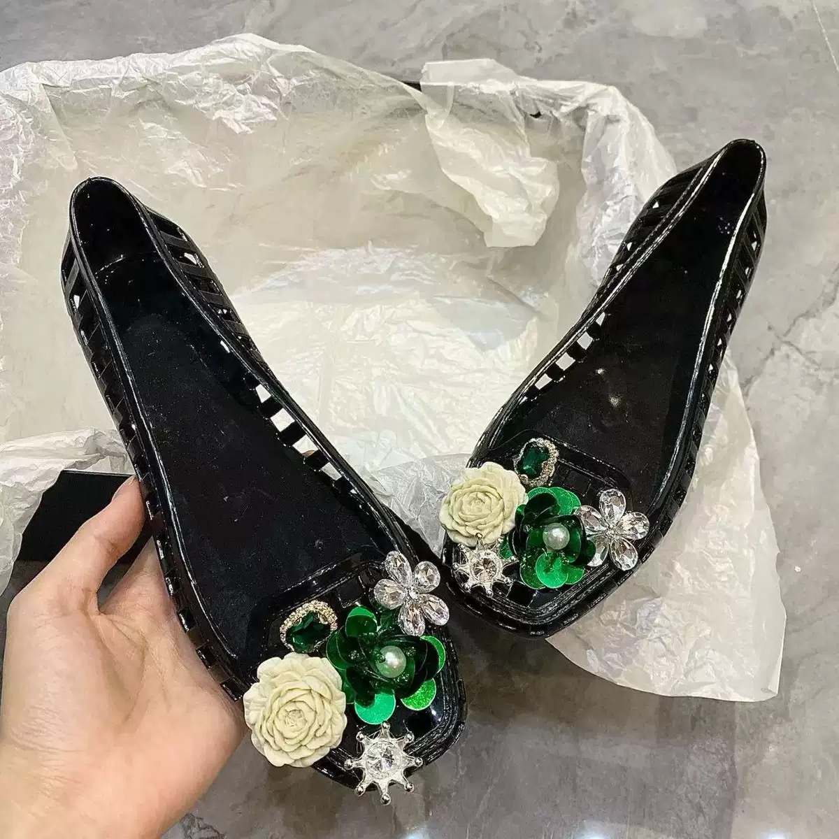 Luxury Big Rhinestone Flower S - Jelly Sandal Women 评论和价格