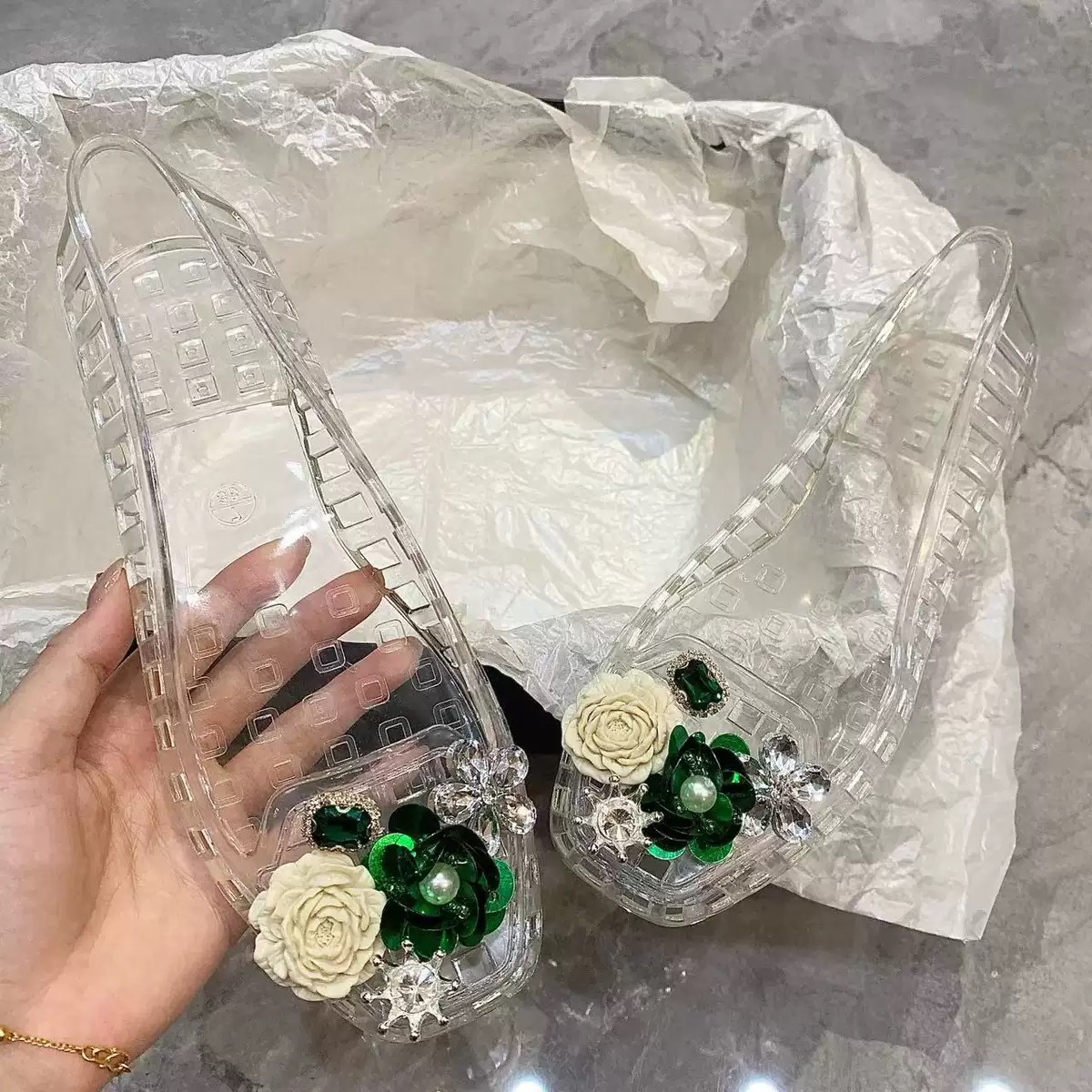 Luxury Big Rhinestone Flower S - Jelly Sandal Women 评论和价格