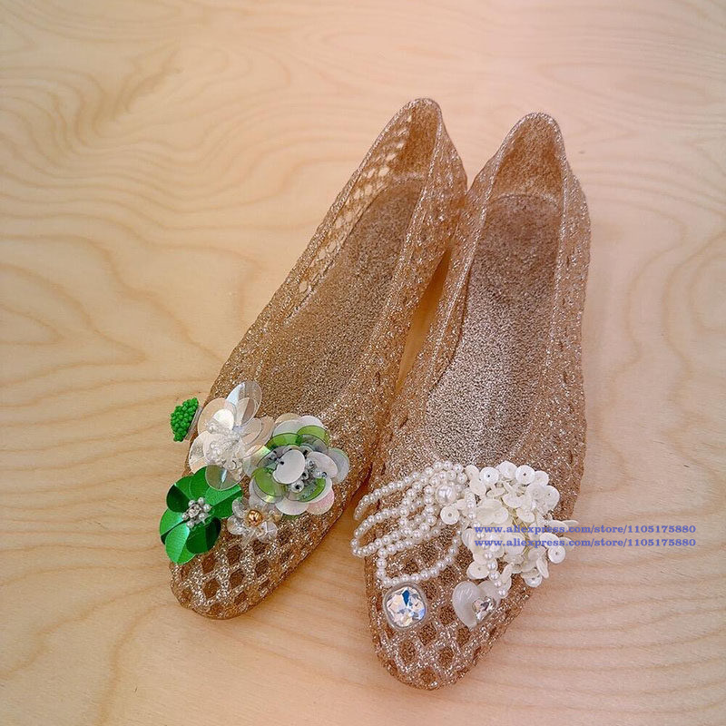 Glitter Gold Hollow Jelly Flat - Jelly Sandal Women 评论和价格