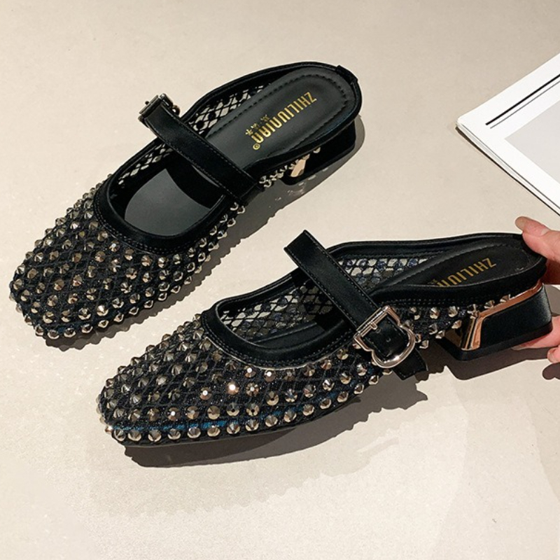 Mesh Rhinestone Chunky Heel Mu - Mule Slip On 评论和价格