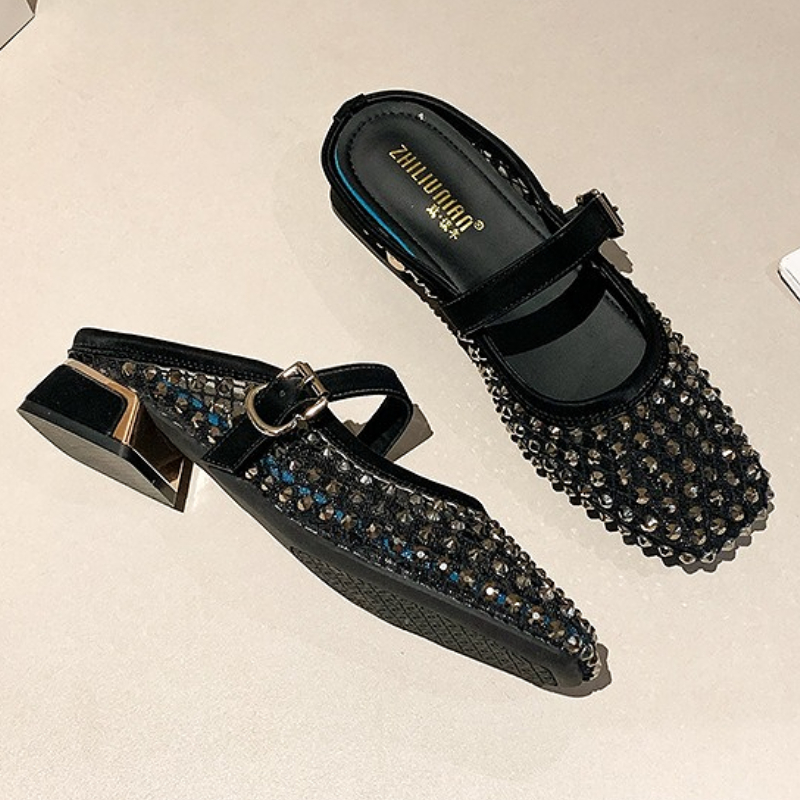 Mesh Rhinestone Chunky Heel Mu - Mule Slip On 评论和价格